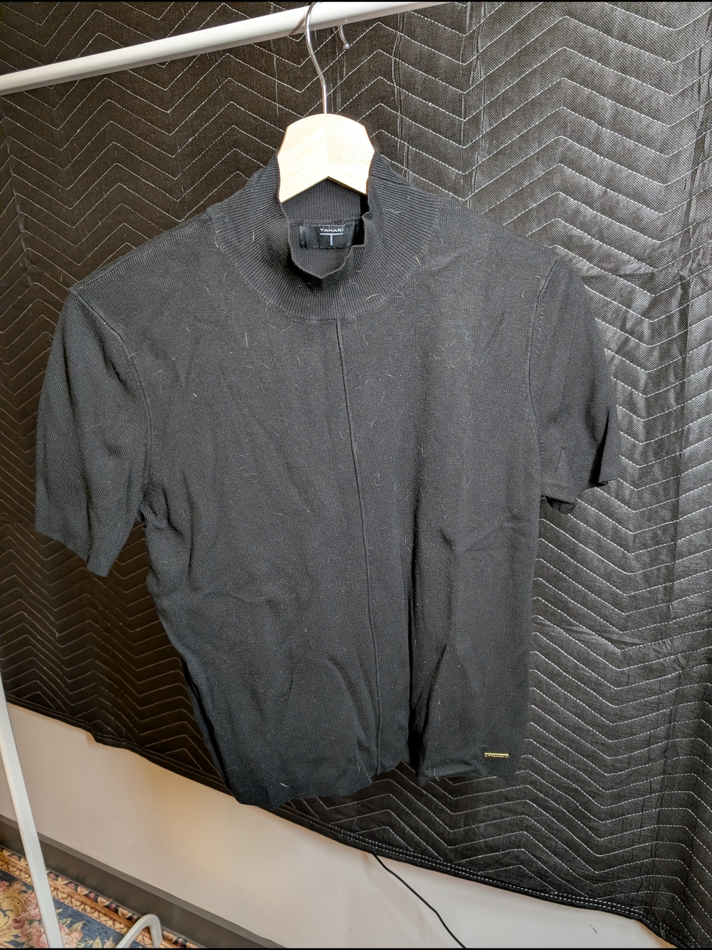 Tahari Black Ribbed Mock Neck Top